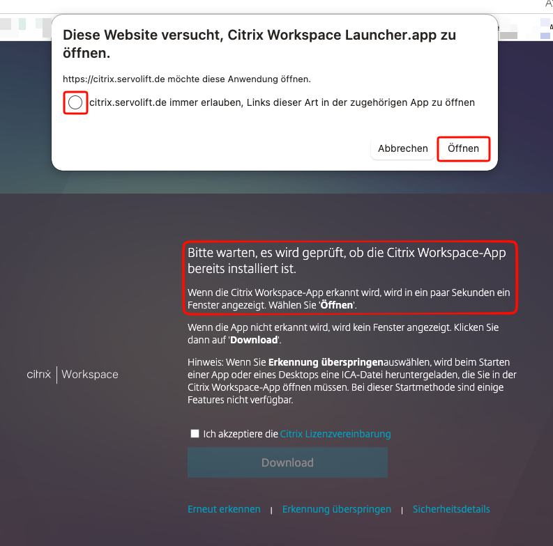 Dialog: Citrix Workspace Launcher öffnen, Haken bei 'immer erlauben' setzen und auf Öffnen klicken